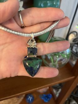 Vintage Sterling Silver And Azurite Malachite Pendant Necklace 