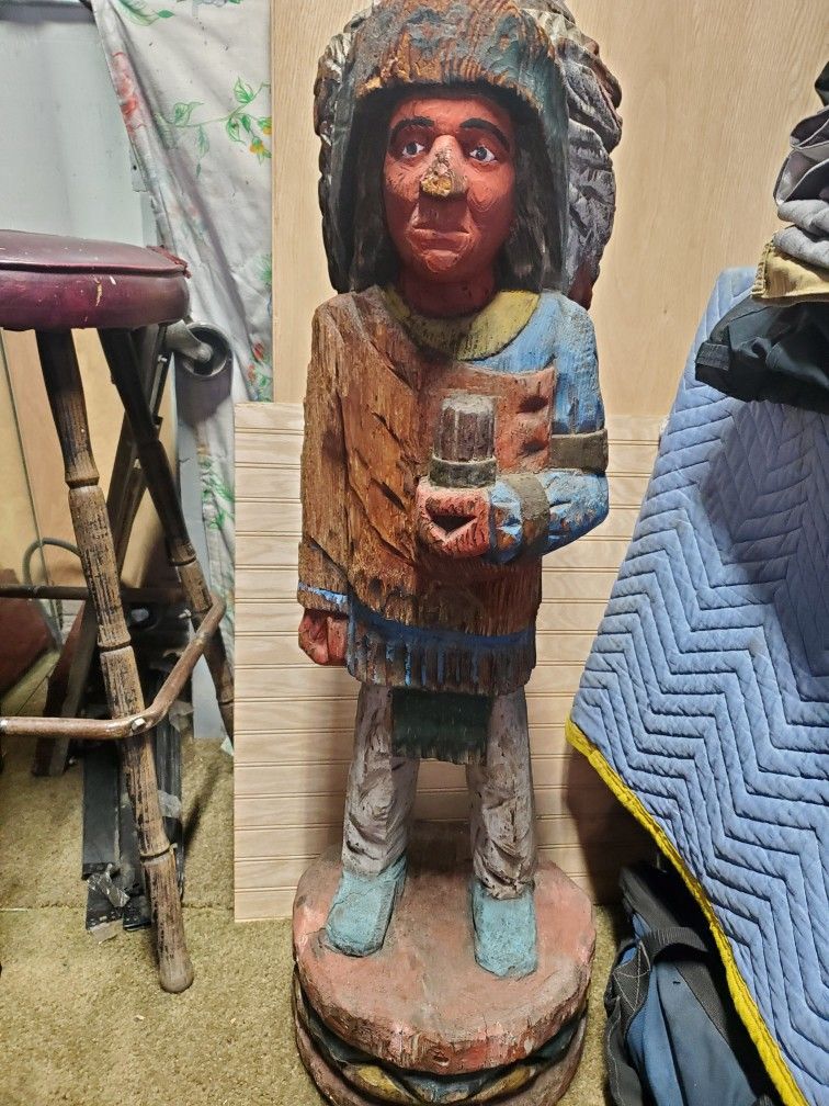 Vintage Wooden Cigar Indian Statue, Hand-Carved Folk Art