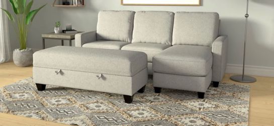 Gray fabric reversible sectional sofa couch and ottoman with drop down table and usb