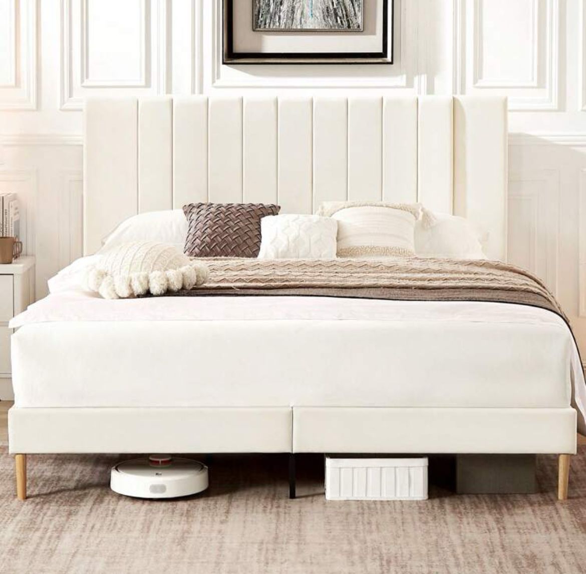 Queen Size Platform Bed Frame With Velvet Upholstered Headboard And Wooden Slats Support