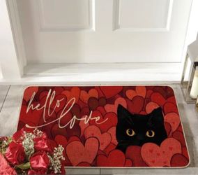 Hello Love Black Cat Valentine's Day Doormat