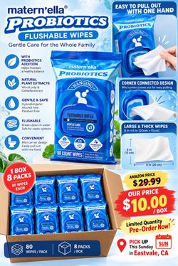 matern'ella Hanging Flushable Wipes Unscented Extra Large Corner-Connected Wet Wipes Adult Plant Based Fibers with Probiotics Alcohol Free Sewer Safe
