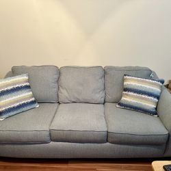 Seafoam Green Queen Size Sleeper Sofa, 2 Throw Pillows