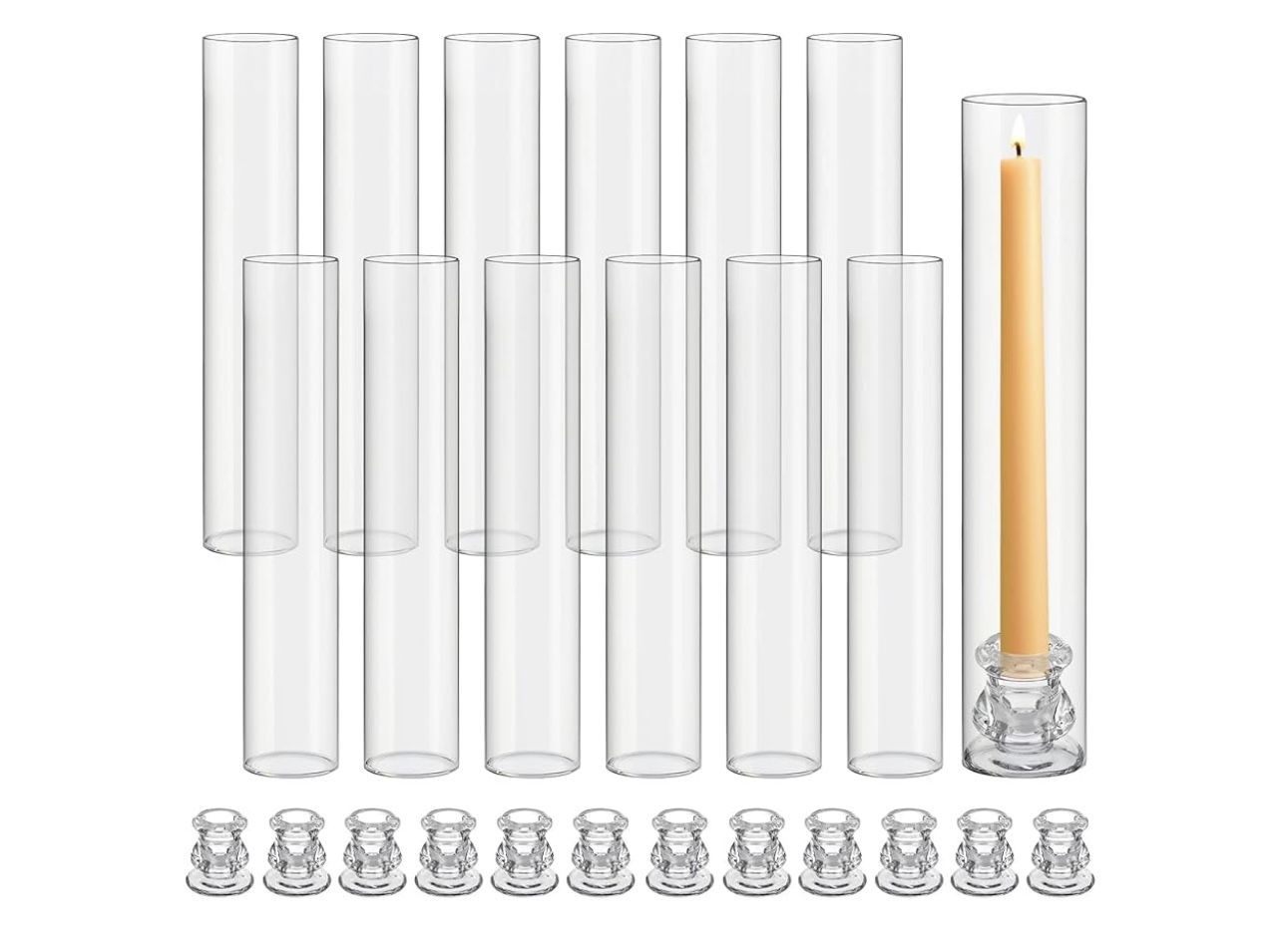 12 Set Glass Hurricane Candle Holders 12.6"Candleholder Tube Shape Bottomless and 2.2" Taper Clear Candlestick Holders for Wedding C