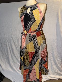 Vintage Melissa Page Patchwork Halter Dress | Multicolor Geometric Print Midi, Size 10