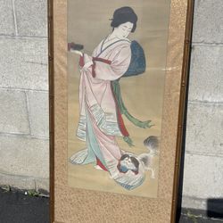 Vintage Japanese Art School Bijin-ga Painting on Silk , “Court Lady with Dog”