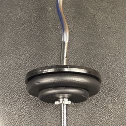 Standard Steel Curl Bar with Cast Iron Weight Plates pairs: 15#, 10 & 5 #. Total: 76 pounds