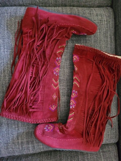 Burgundy Faux Suede Fringe Boots