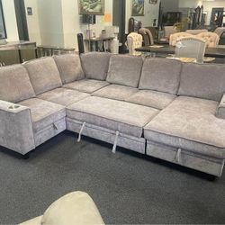 🥀 Brand New Beige Oversized U Shape Fabric Sofa With Pull Out Bed, Storage Space, Cup Holders & Charging Ports  | Pay After Delivery 🚚