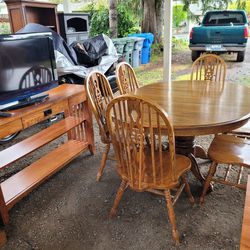  Oak Wood Dinning Table 6 Chairs And Leaf