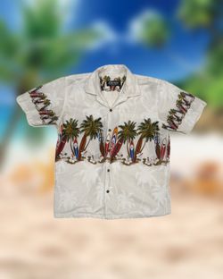 Favant Hawaiian Button-Up Men’s Size Large Tropical Surfboard and Palm Trees