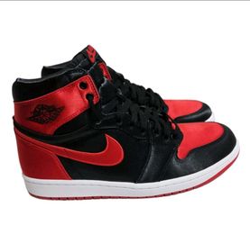 Nike Air Jordan 1 High Top Black/Red/White Satin Sneakers Size W-12/M-10.5