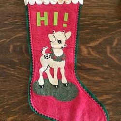 Vintage 1950's Red / Green Christmas Stocking "HI!" Rudolph Applique