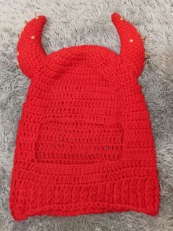 Red Crochet Devil Horn Beanie Hat