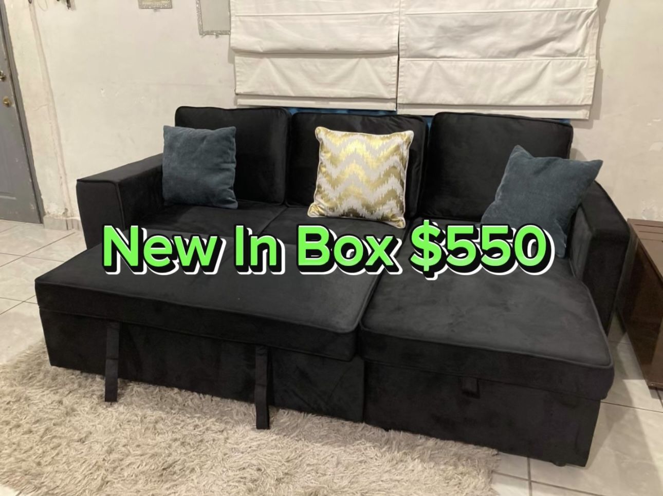 ♠️ Black Velvet Couch 🛋️ Sofa Bed Brand New USB port ✅ Pull out bed ✅ Reversible L ✅ Side pocket ✅ Storage Underneath ✅