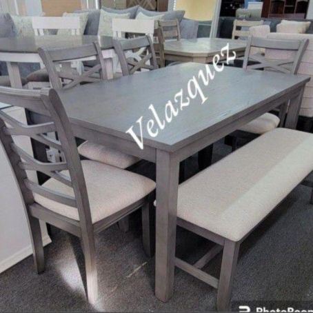 ✅️✅️Mothers day special **6pc gray finish wood dining table set, padded seat chairs and bench**