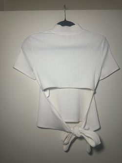 Maje White Ribbed Short Sleeve Top with Tie-Back