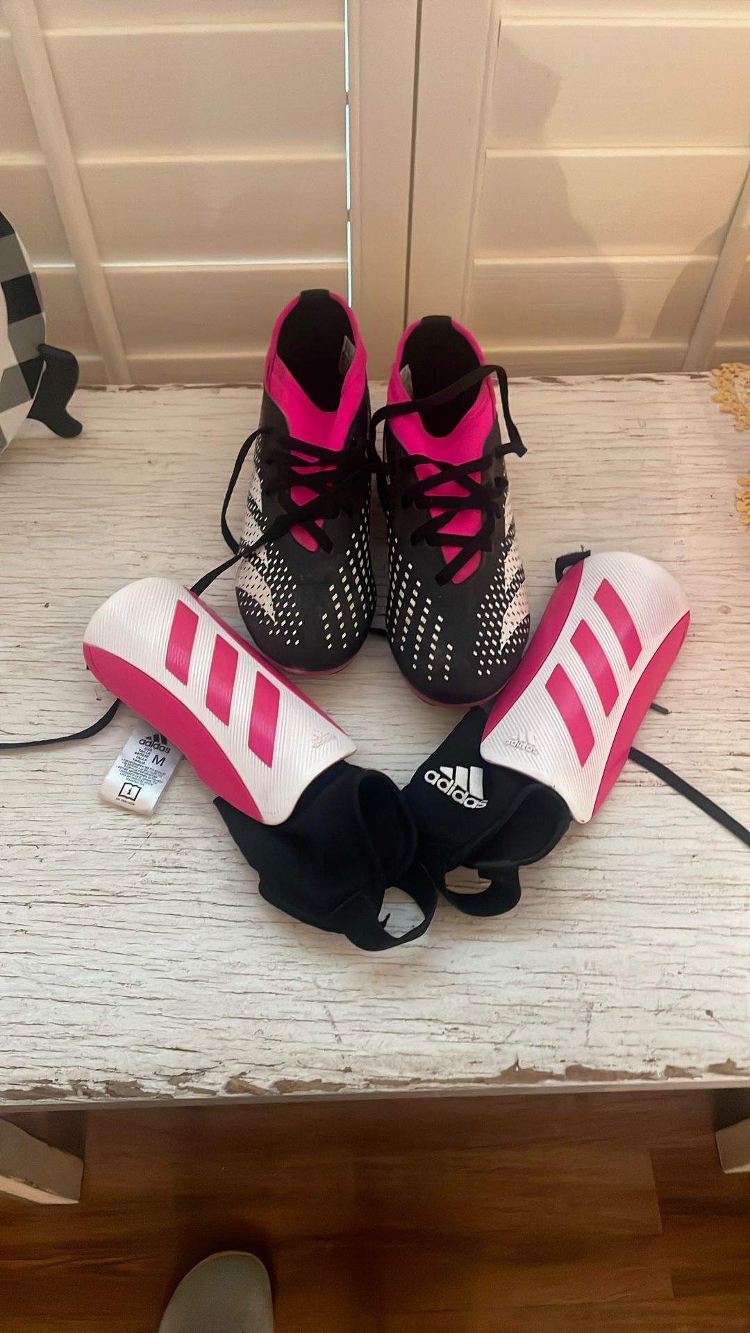 Childrens Adidas Cleats And Shin Guards, Size 2