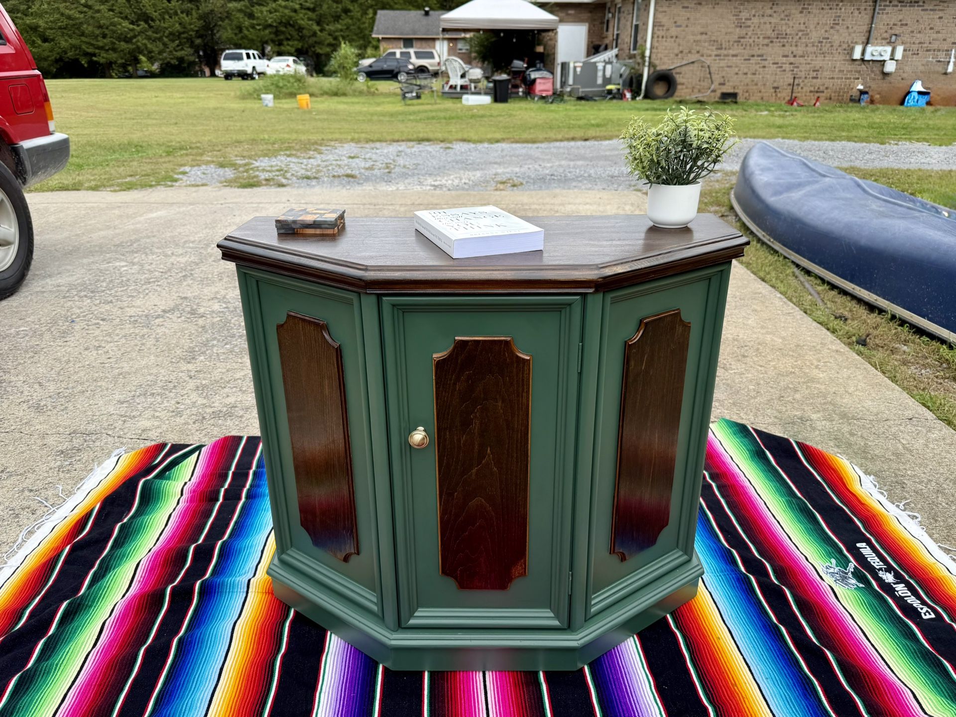 Vintage Green and Walnut Accent Cabinet