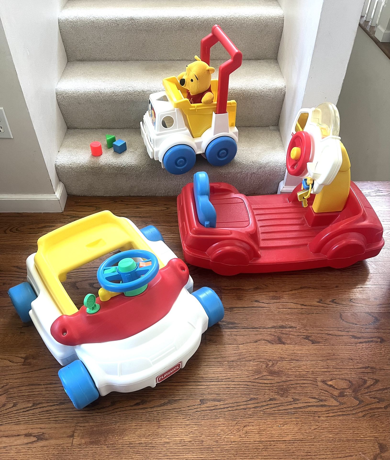 3 Vintage Kids Toys. Push Dump Truck & Shapes, Rocking Car With Popping Ball When “driving” & Sit N Drive Car ($20 Each Or All $45)