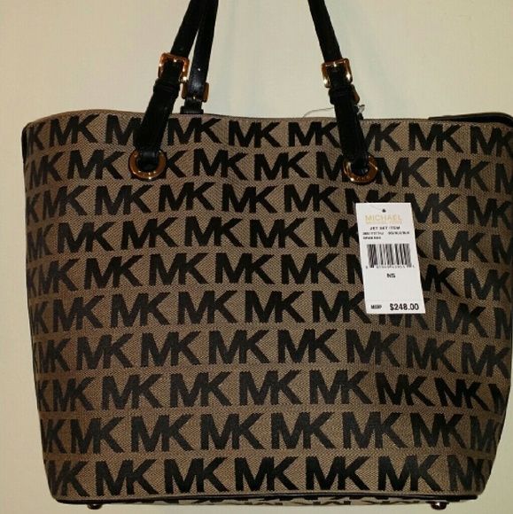 Michael Kors Large Black And Beige MK Logo Canvas Tote