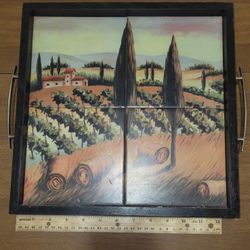 Hand-crafted serving tray featuring Italian Tuscan vineyard