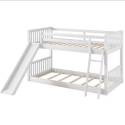 White Wood Bunk Bed with Slide and Ladder