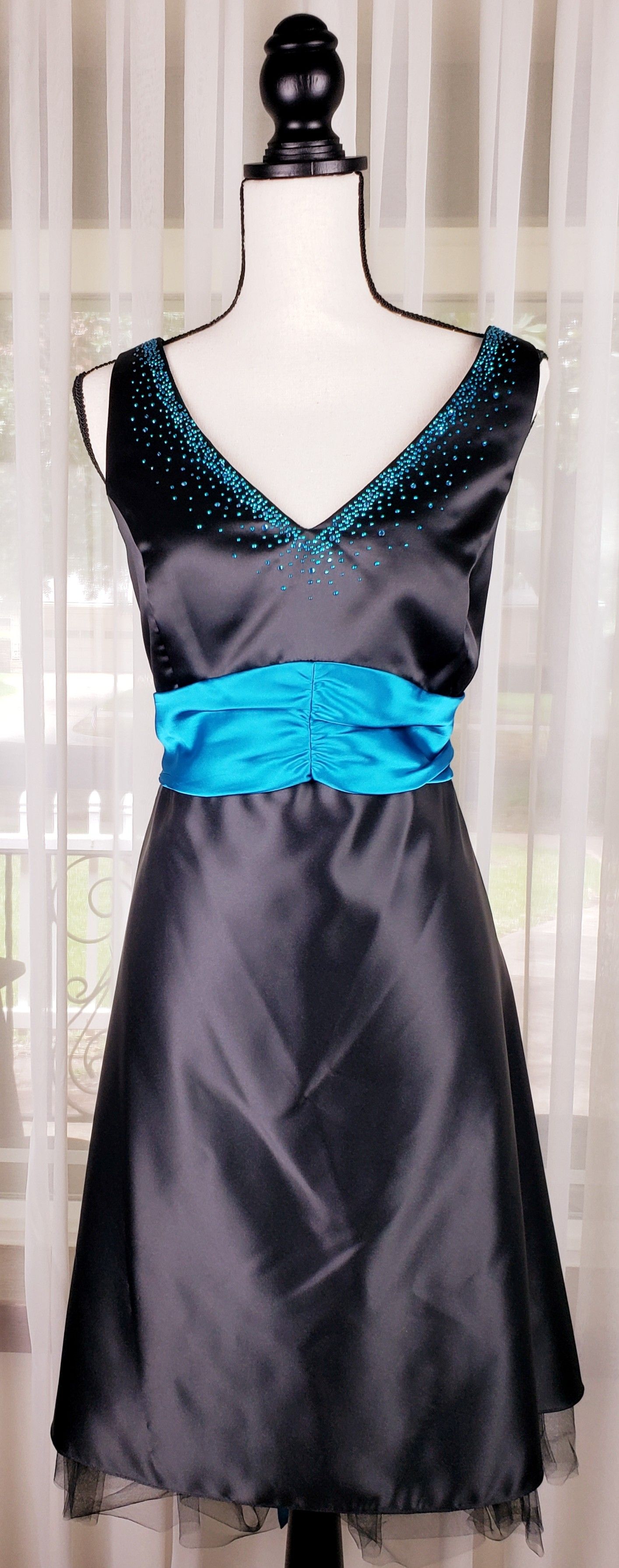 ONYX NITE FORMAL BLACK SATIN DRESS WITH TEAL ACCENTS SIZE WOMENS 16W -  cruiseboatoman.com