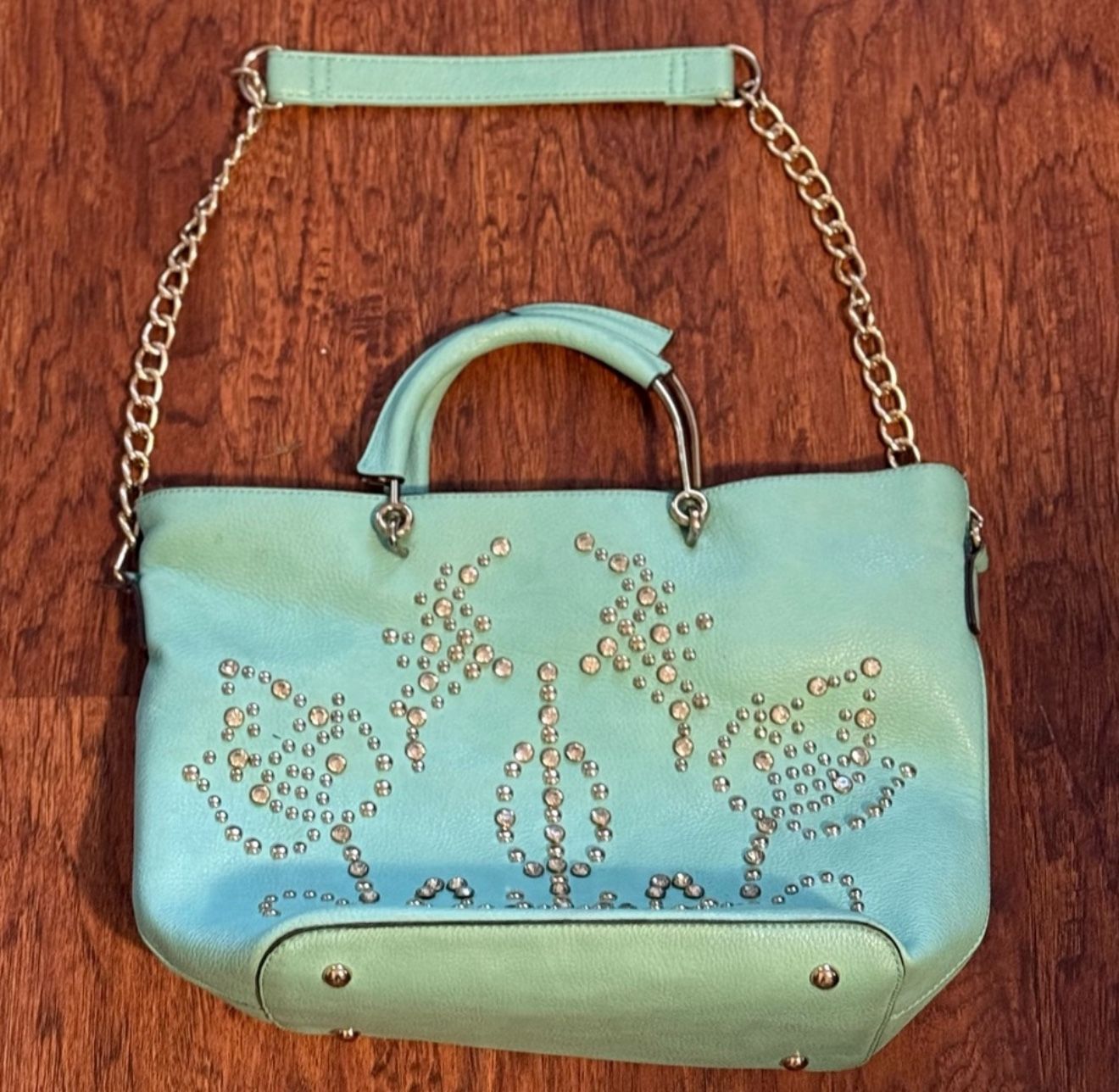 Studded Mint Handbag with Shoulder & Hand Straps