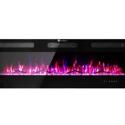 Electric Fireplace, Cool to The Touch Fireplace Heater, Recessed and Wall Mounted Fireplaces with Timer Remote Control Adjustable Flame Color, 50”