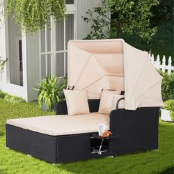 NEW COSTWAY Outdoor Daybed with Retractable Canopy – Black Wicker / Beige Cushions