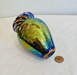 Glass Eye Studio Iridescent Hand Blown Pulled Feather Vase Signed/Dated VINTAGE! Thumbnail