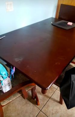 Formal Dining Table with Leaf & 6 Upholstered Chairs (Cherry Finish)