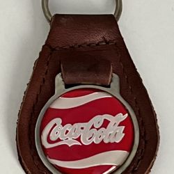Vintage Coca-Cola Keychain Key Fob Brown Leather Original Keyring Classic Logo