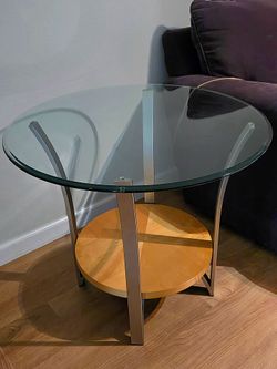 Round Glass End Table Brushed Metal with Wood Shelf Accent Side Table