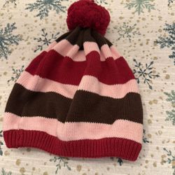 Gymboree Girls Sweet Treats Red, Pink, Brown Striped Pom Pom Knit Hat