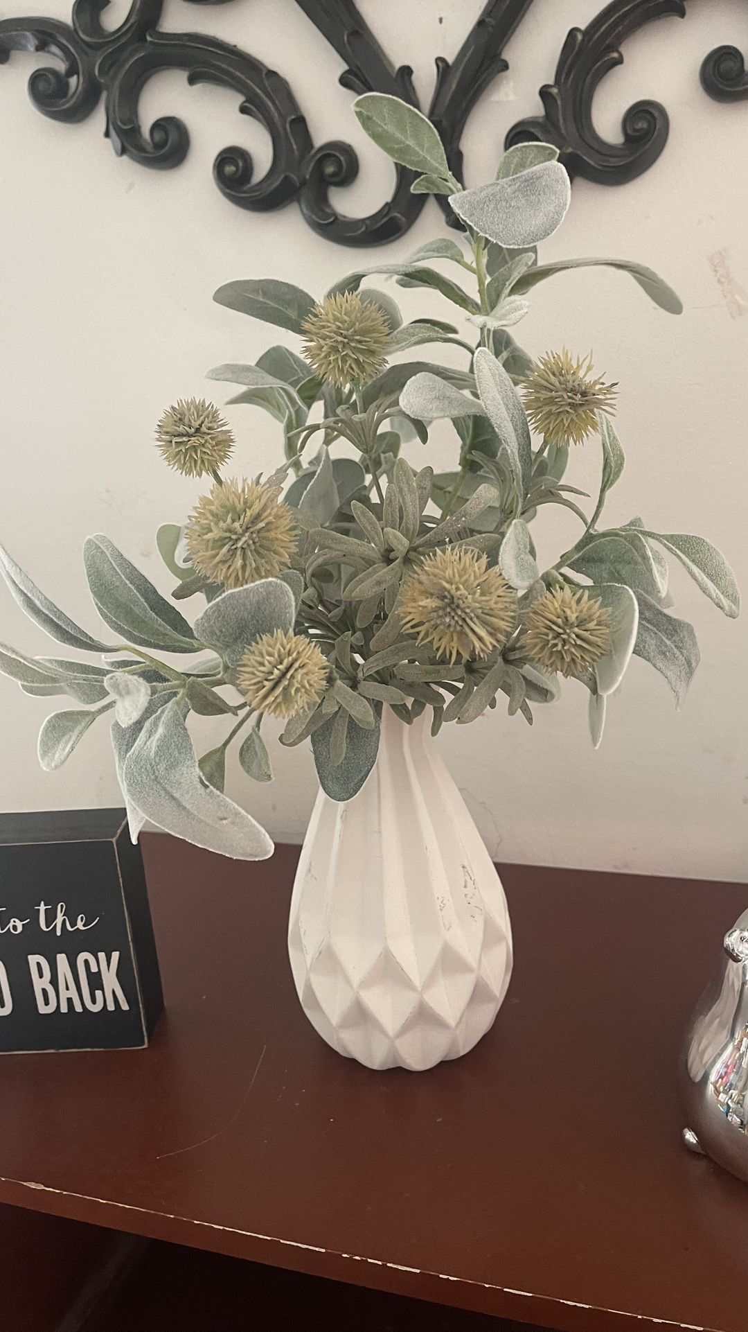 White Ceramic Vase with Faux Flowers firm price $20