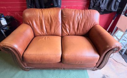 Tan Leather Loveseat with Wood Trim