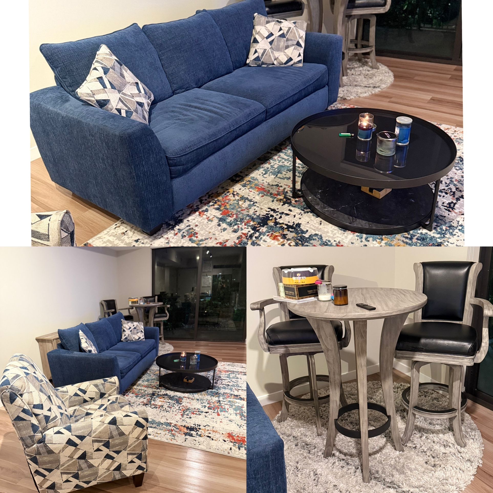 Queen Sleeper Sofa, Recliner, Hightop Table & Stools, Coffee Table, Carpet