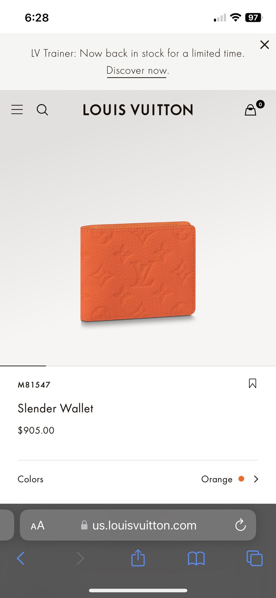 Louis Vuitton Slender Wallet Orange for Men