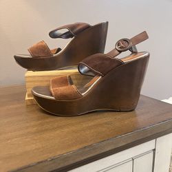 ALDO Wedge Brown Suede Leather Metallic Sandals Size 8
