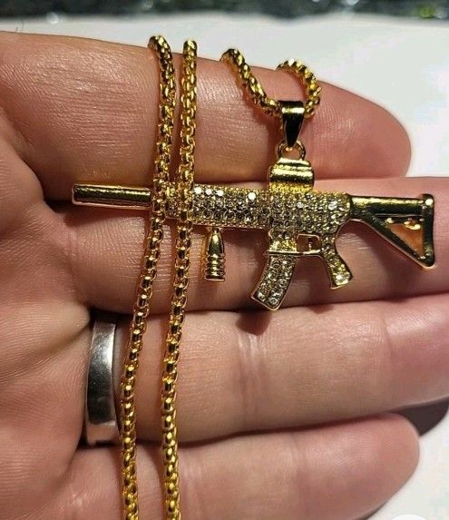 Mens Machine Gun CZ Pendant Gold Plated 22" Chain Necklace