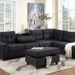 🔵Free/Fast Delivery & Heights Black Reversible Sectional with Storage Ottoman