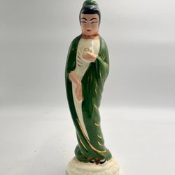 Vintage Asian Porcelain Lady Figurine Green Robe Hand Painted 9”