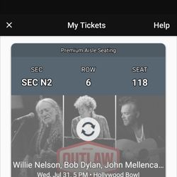 2 Tickets To Willie Nelson+ Bob Dylan+ John Mellencamp @ Hollywood Bowl
