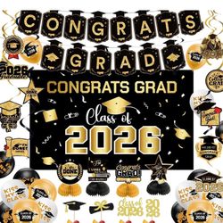 Graduation Decorations 2026 Black Gold Party Decor Set Grad Banner Class of 2026 Backdrop, Balloons,Streamers & Cupcake Toppers Kit - Complete Party S
