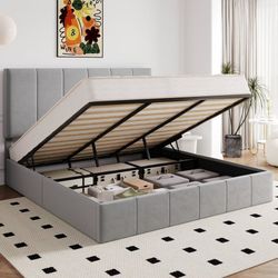 King bed Size Velvet Lift Up Hydrualic Storage Bed Frame, Grey
Vertical Channel Tufted Headboard, Hydrualic Underneath Storage, Upholstered Platform B