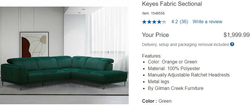 Keyes Green Fabric Sectional OfferUp Pre-sale Special