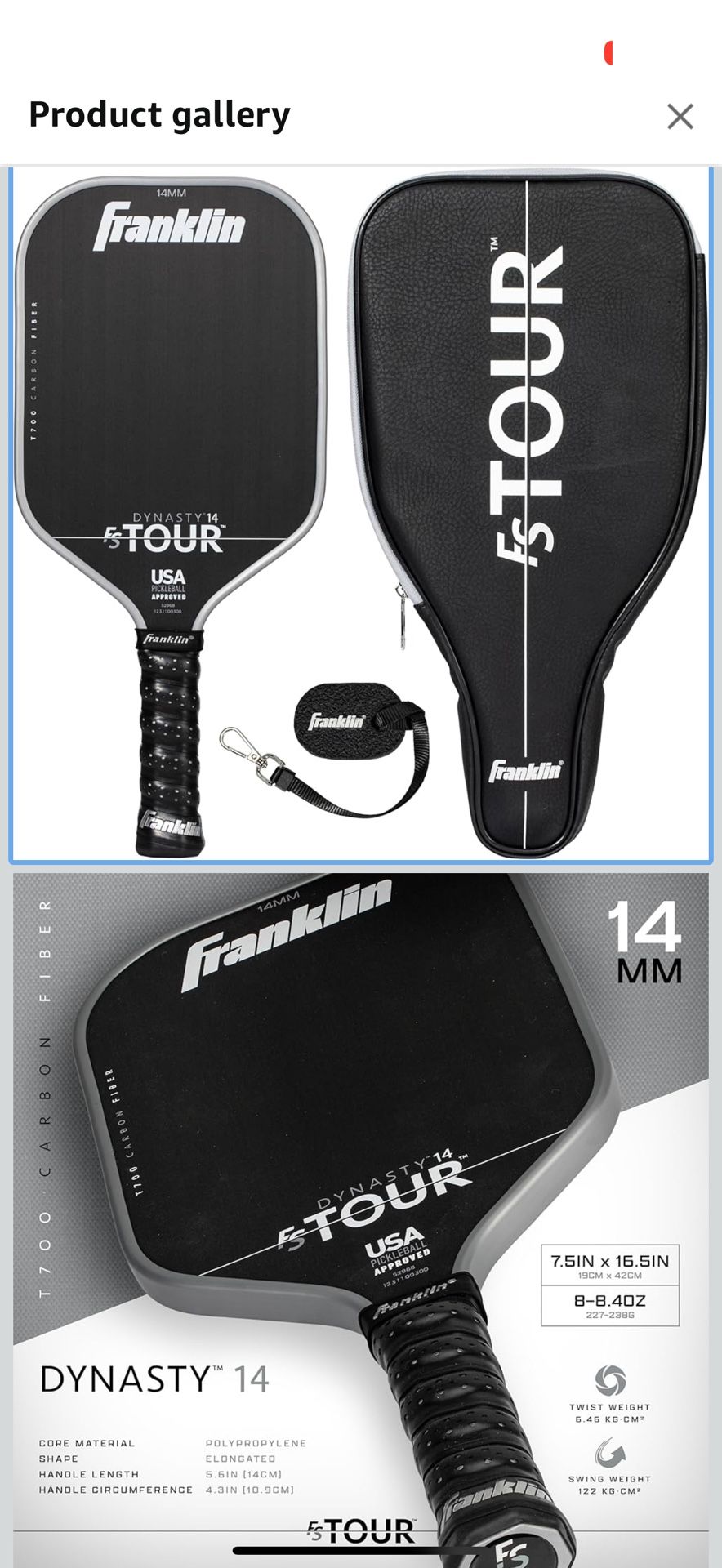 Franklin SportsFranklin Sports Pro Pickleball Paddle Set - FS Tour Series 14mm Size 14mm Brand Franklin Sports Material Carbon Fiber UPC 01