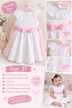 White Eyelet Baby Dress with Pink Bow – Size 2T